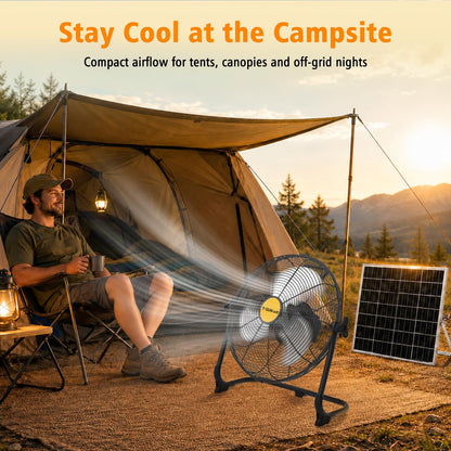 T-SUNiceM 12" Solar Powered Fan for Tent Camping, RV Trips & Patio, Rechargeable Cordless Floor Fan with Solar Panel, USB Output for Bedside Backup, Porch, Greenhouse, Chicken Coop