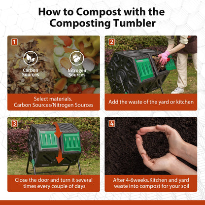 Compost Bin Outdoor, 2 Separate Tumbling Chambers, 37Gal Lagre Compost Tumbler with Sliding Door and Aeration System, 360° Rotating, Tumbling Composter Bin for Kitchen, Garden, Yard, Black Green