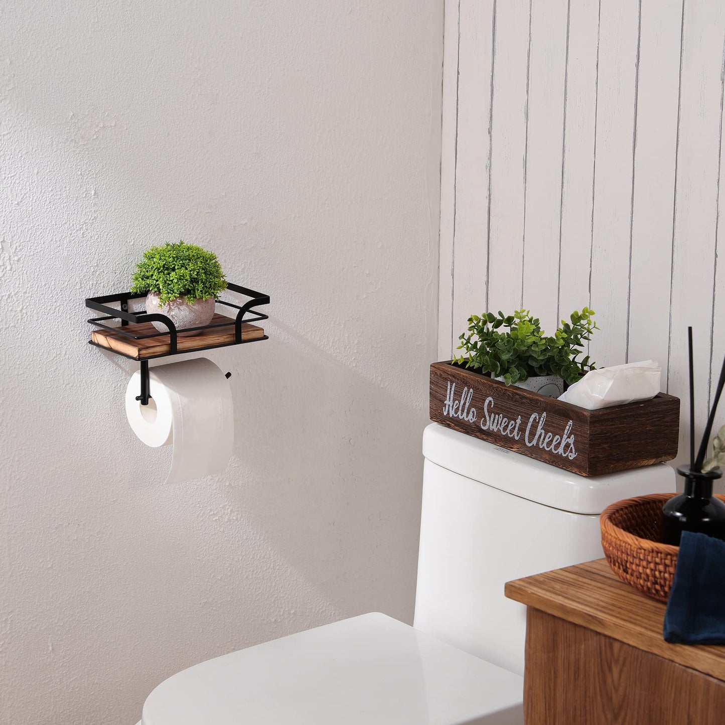 AIDILI Rustic Farmhouse Toilet Paper Holder with Shelf - Farmhouse Bathroom Rustic Country Decor - Rustic Bathroom Accessories with Warm Brown Wood Shelf for Wipes&Cell Phone&Reading, Black Metal
