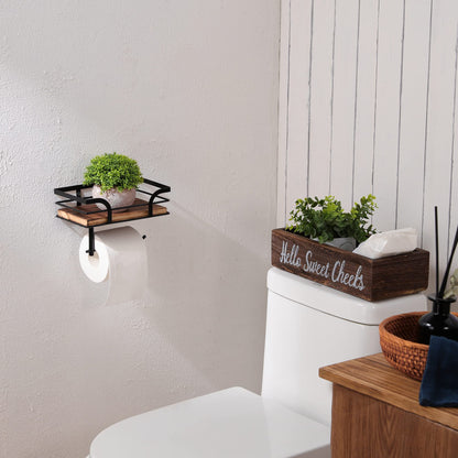 AIDILI Rustic Farmhouse Toilet Paper Holder with Shelf - Farmhouse Bathroom Rustic Country Decor - Rustic Bathroom Accessories with Warm Brown Wood Shelf for Wipes&Cell Phone&Reading, Black Metal