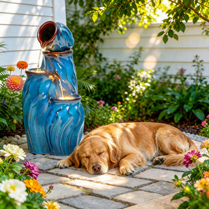 Ultym 29" Outdoor Water Fountain, Ceramic Outdoor Fountain, Stacked 4-Tier Pots Waterfalls for Garden, Patio, Yard, or Porch Decor, Creating Relaxing Serene Oasis, Dynamic Wave-Texture, Turquoise
