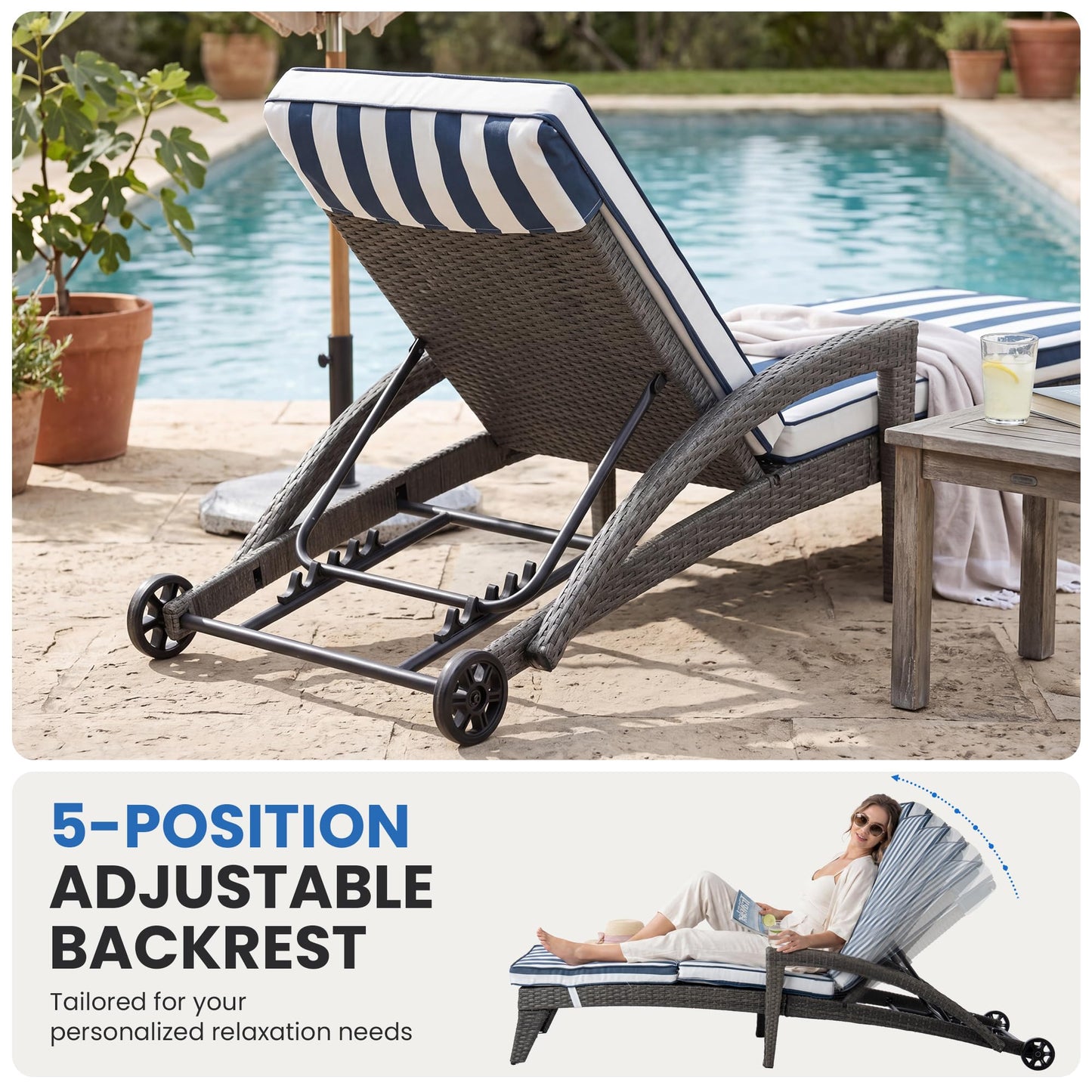DAYARUS Patio Chaise Lounge Chairs Set of 2, Outdoor Recliner with Washable & Removable Cushions, 5-Position Adjustable Backrest, All-Weather Rattan & Metal Pool Lounger with Wheels for Deck, Blue