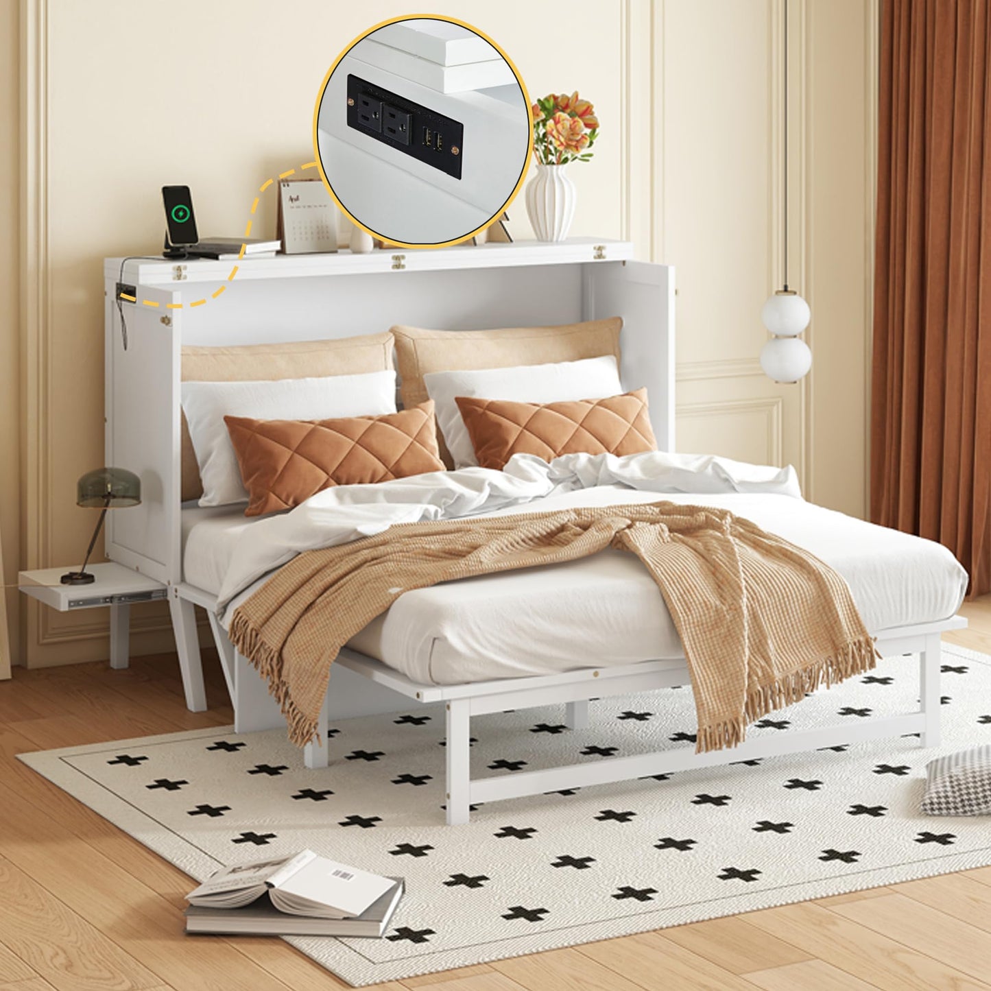 Queen Size Murphy Bed Cabinet with Charging Station,Mobile Cabinet Bed Murphy Chest Bed,Cabinet Bed Queen with Removable Shelves,Space Saving Murphy Bed for Bedroom,Guest Room,Office,White