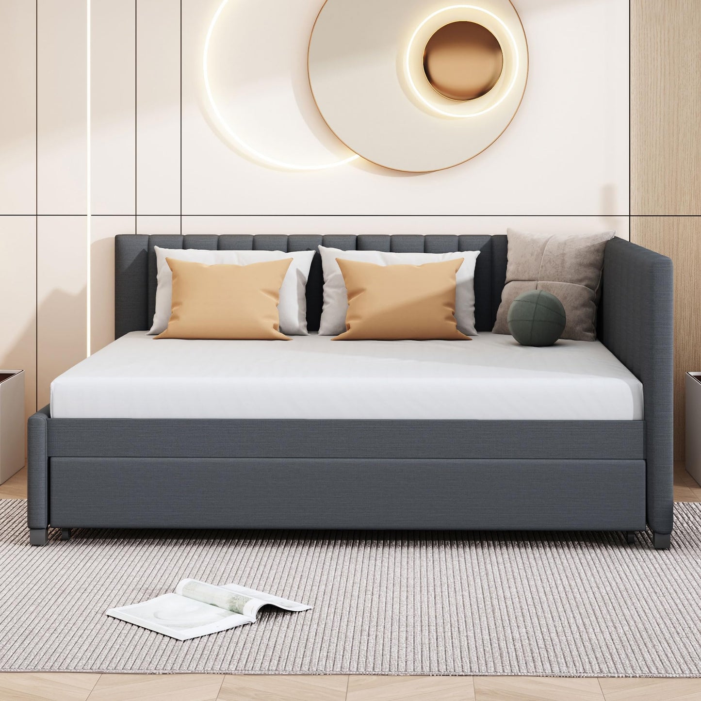 Merax Upholstered Daybed with Trundle, Gray Linen Full Size Sofa Bed Frame, No Box Spring Needed