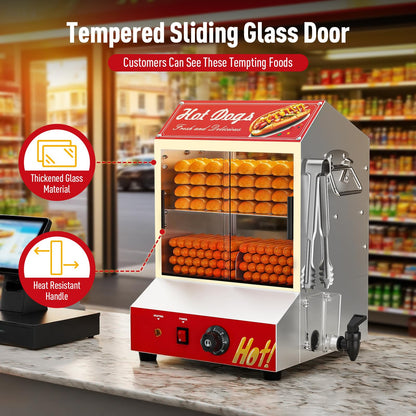 Hot Dog Steamer Machine, 28.5QT/27L, 2-Tier Electric Hot Dog Steamer with Bun Warmer, Adjustable Temperature, Hot Dog Hut Steamer with Visible Glass Sliding Door