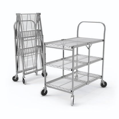 Luxor WSCC-3 Three-Shelf Collapsible Wire Utility Cart, Push Heavy Duty, 4" Thermoplastic Rubber Casters Two with Locking Brakes,Holds 300 lbs. and Folds Up for Storage, 37"W x 18.25"D x 30.5"H