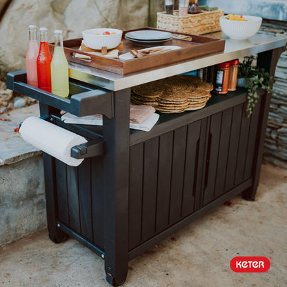 Keter Outdoor Rolling Table Cart for Food Prep, Storage, Bar & Grill, Dark Brown - Portable Kitchen Island Tabletop with Wheels for Drinks, Snacks, and Cooking