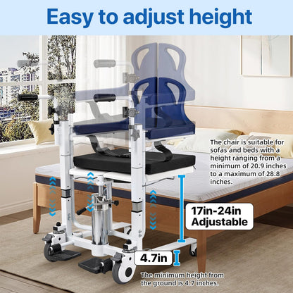 Patient Transfer Lift Chair, 350 lb Capacity, 180° Split Seat, Hydraulic Commode Wheelchair for Elderly, Bed to Toilet