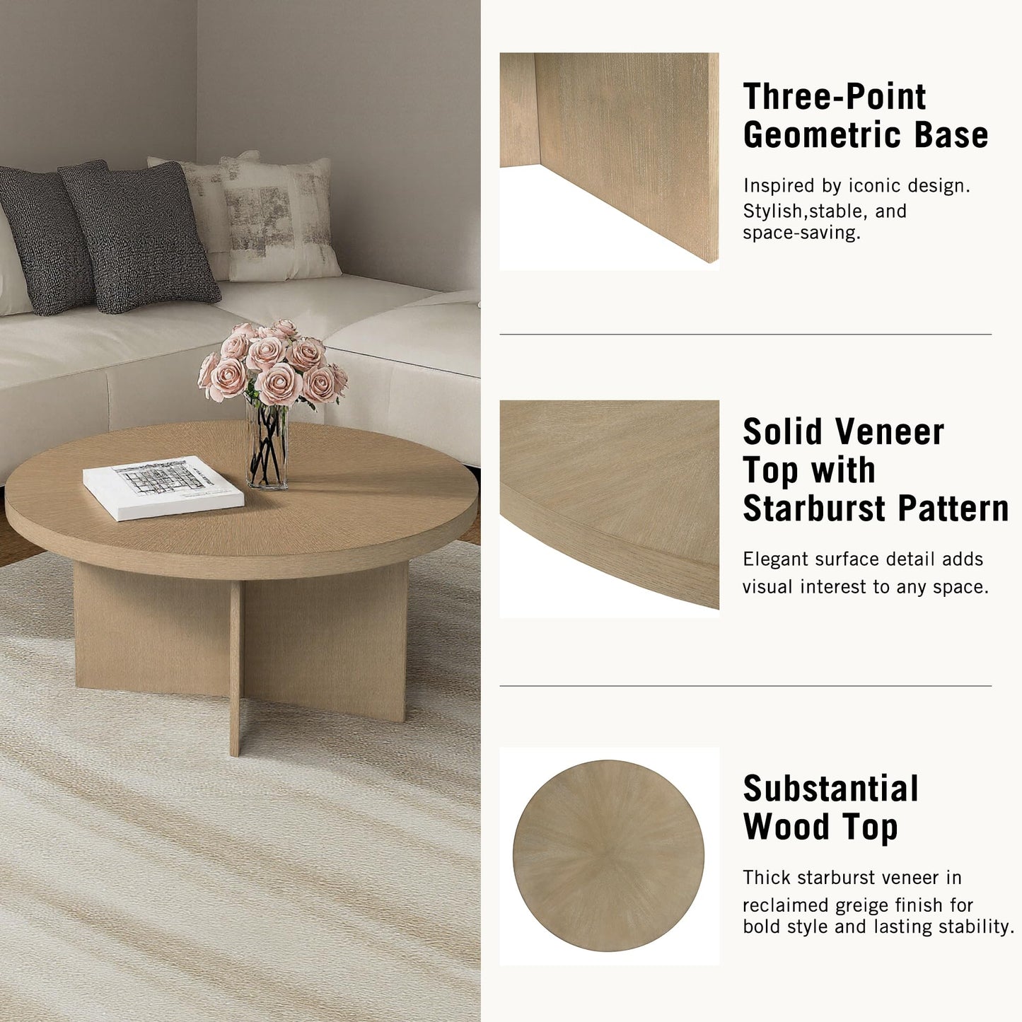 Martha Stewart Sadie Round Coffee Table – Starburst Veneer Top, Reclaimed Greige Wood Finish, Modern Accent for Living Room, Lounge, or Sitting Area, 36" Dia x 16.5" H
