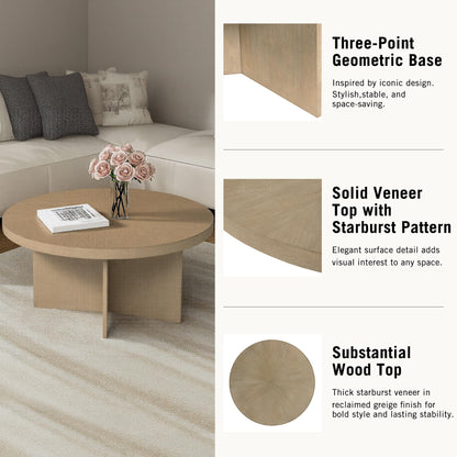 Martha Stewart Sadie Round Coffee Table – Starburst Veneer Top, Reclaimed Greige Wood Finish, Modern Accent for Living Room, Lounge, or Sitting Area, 36" Dia x 16.5" H