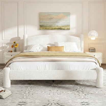 Garvee King Size Boucle Bed Frame, Upholstered Platform Cloud Bed with Soft Round Headboard & Cylindrical Legs, Heavy Duty & Noise Free, No Box Spring Needed, Easy Assembly, White