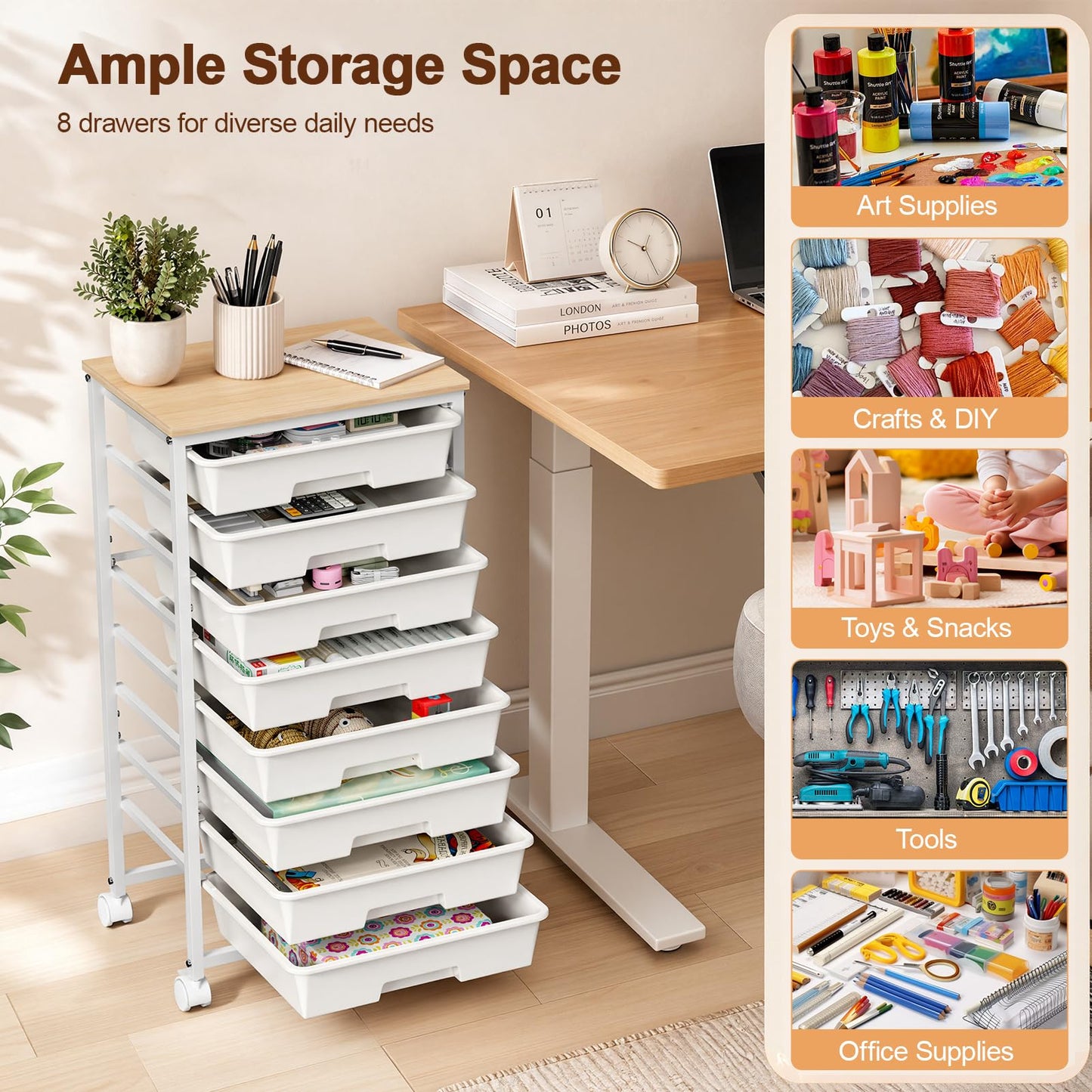 LEHOM Rolling Storage Cart with 8 Drawers, Utility Cart on Wheels with Metal Frame and Wooden Tabletop for Living Room Bedroom Dorm, Office Storage & Art Supply Craft Organizer for Classroom
