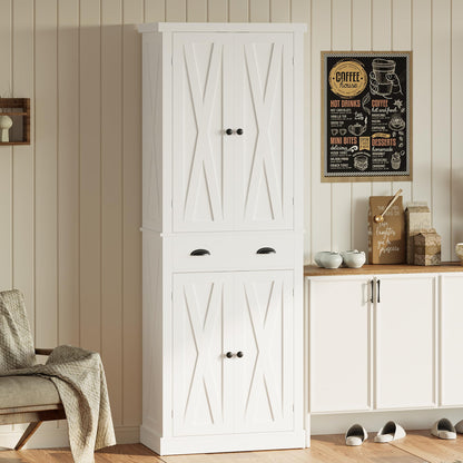 IRONCK Kitchen Pantry Storage Cabinet 72.6" H x 24" W, with Barn Doors, Drawer, 4 Adjustable Shelves, Freestanding Cupboard, Laundry, White