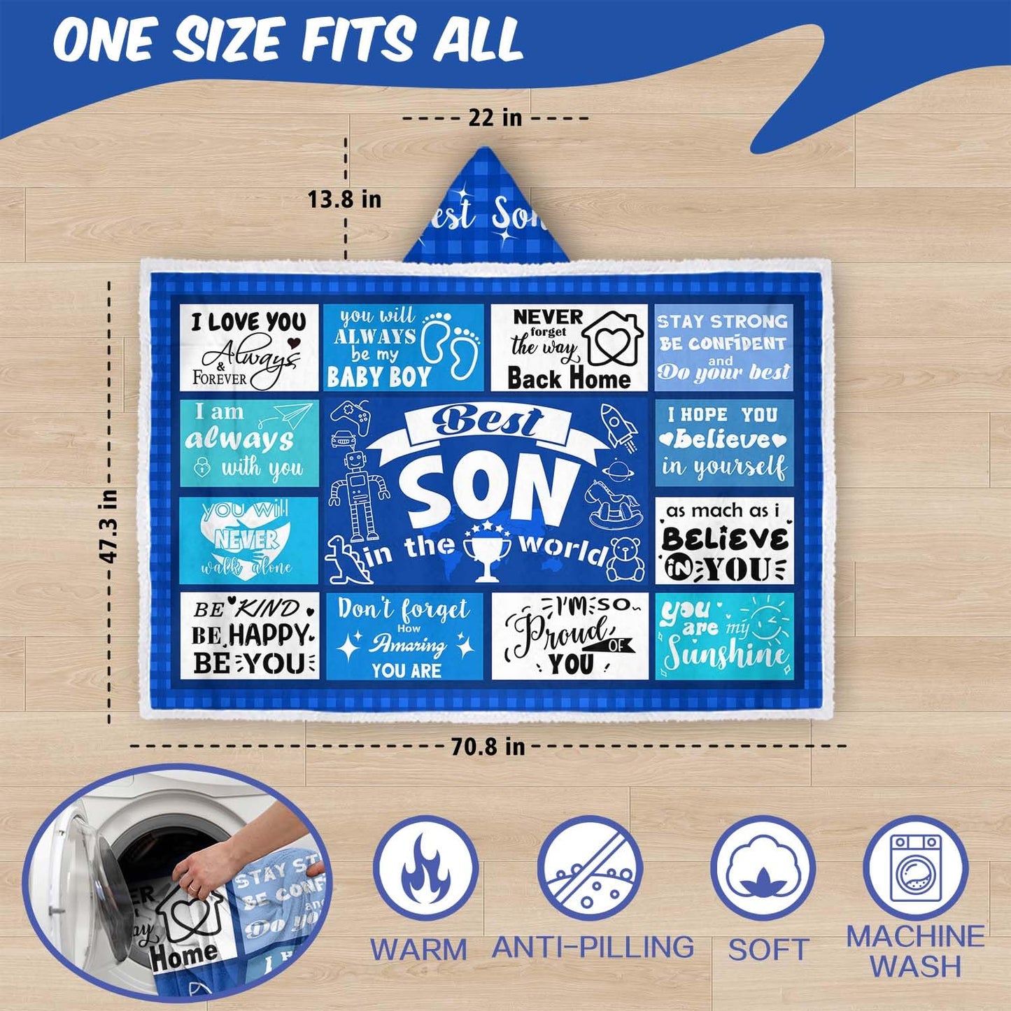 Father's Day Wearable Blanket Hoodie Gift for Son, Son Birthday Gifts from Mom Dad Parents, Soft Blue Throw Son Blankets for Christmas Graduation Ceremony
