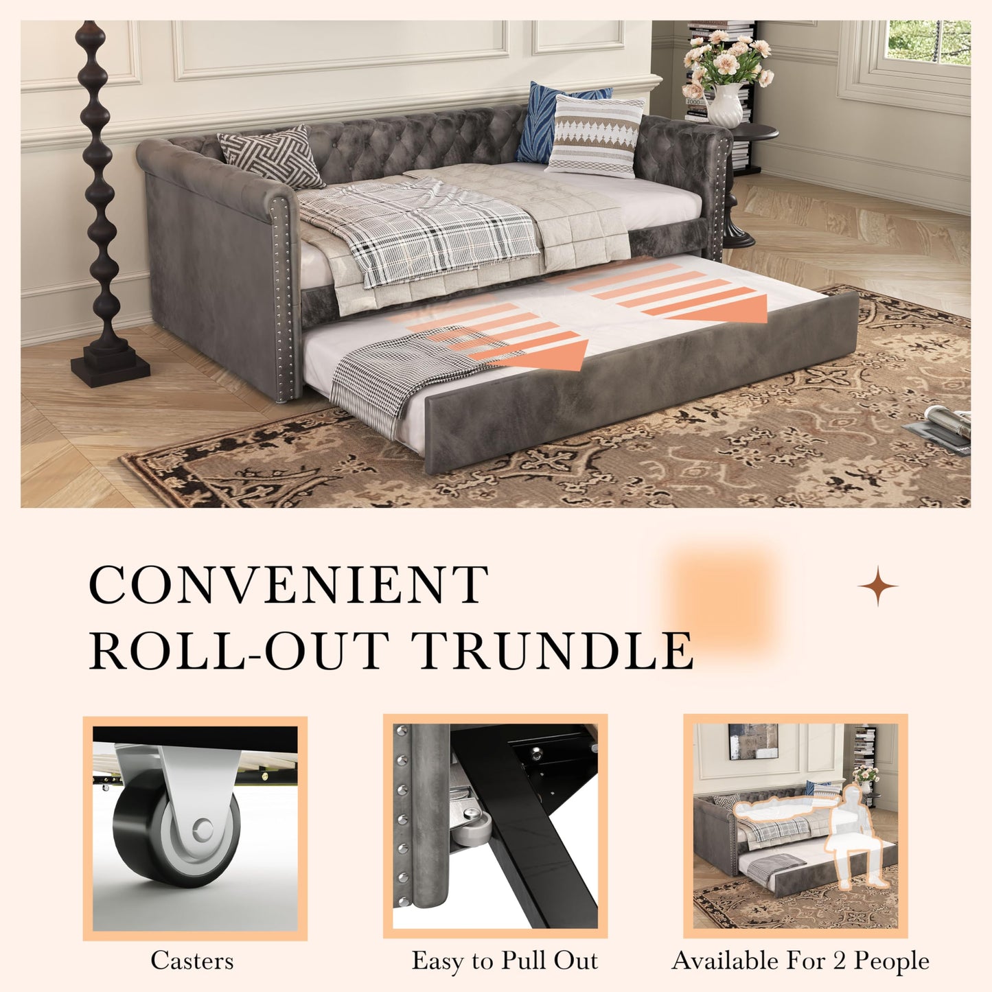 Christopher Knight Home Upholstered Daybed with Trundle, Twin Size Trundle Sofa Bed, Couch Bed with Backrest and Curved Armrests, No Box Spring Needed, for Living Room, Bedroom and Guest Room, Grey
