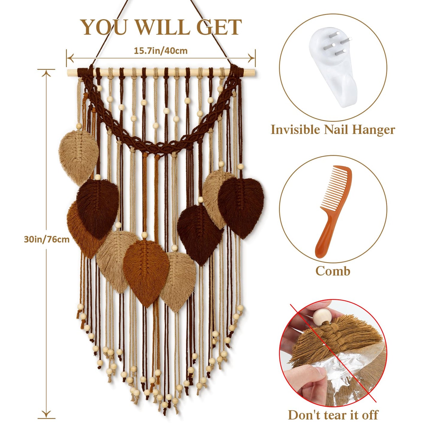 Weldomcor Macrame Wall Hanging Boho Leaf Woven Tapestry, Bohemian Chic Home Decor Modern Handmade Leaves Feather Wall Art Decorations for Bedroom Living Room Apartment Ornament 16.5" W X 31.5" L