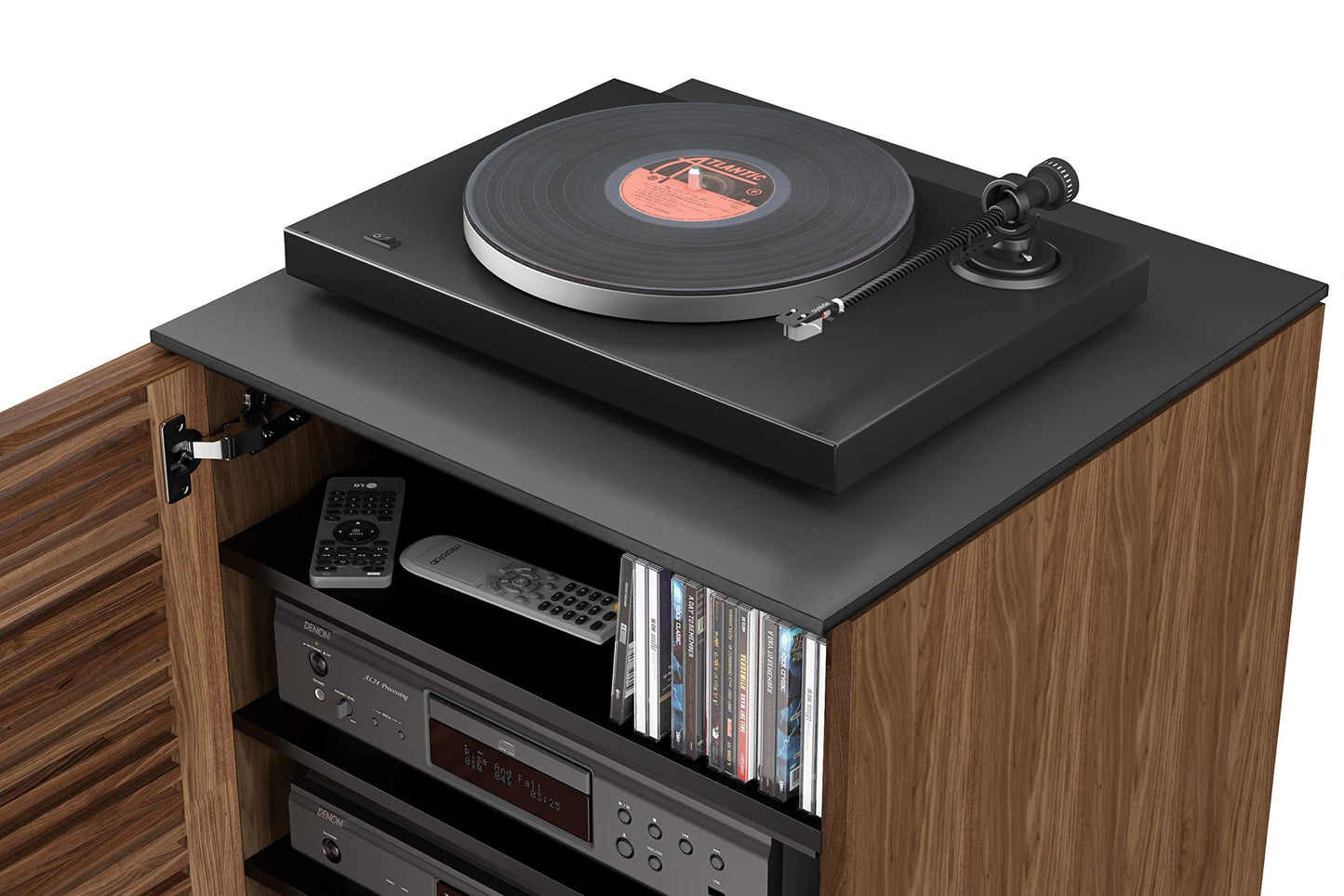 BDI Furniture Corridor 8172-22'' Audio Cabinet with Flow-Through Ventilation, Cable Management, Adjustable Shelves, Louvered Doors, Satin-Etched Tempered Glass Top, Natural Walnut