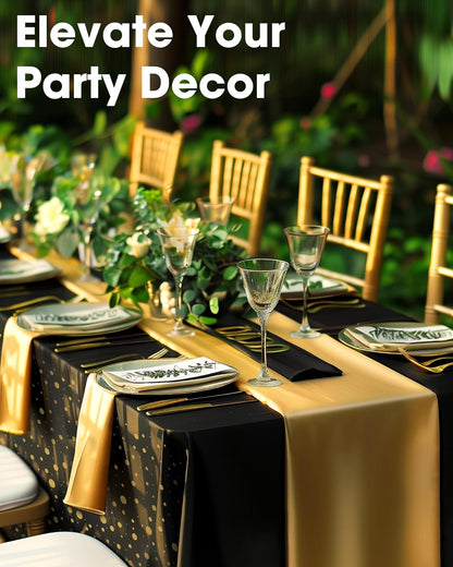 Niuara Table Cloth Set - Black and Gold Disposable Rectangle Table Cover & Runner - 3+3 Pack for Events