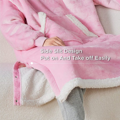 Bedsure Oversized Blanket Hoodie - Long-length Wearable Hooded Blanket Sweatshirt with Side Split, Belt and Big Hood, Giant Warm Sherpa Sweater Blanket Jacket, Pink