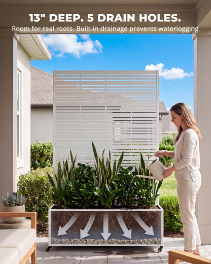 TinFrey Metal Raised Garden Bed with Trellis, 73"×47"×16" Louvered Privacy Screen Planter Box on Wheels with Drainage Holes, Easy Assembly Outdoor Planter for Patio, Deck, Balcony, Backyard - White