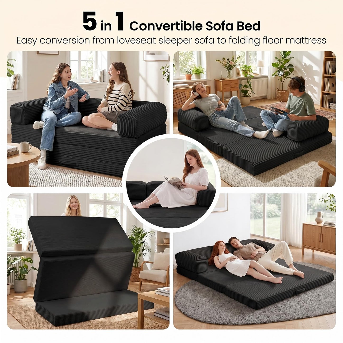 Erament Convertible Sofa Bed, Tri-Folding Mattress Queen Futon Couch Bed, Boneless Sleeper Couch Bed with Removable Armrests & Washable Cover for Guest Room, Living Room, Queen, Black