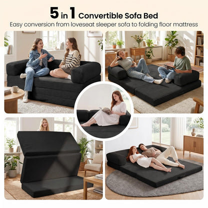 Erament Convertible Sofa Bed, Tri-Folding Mattress Queen Futon Couch Bed, Boneless Sleeper Couch Bed with Removable Armrests & Washable Cover for Guest Room, Living Room, Queen, Black