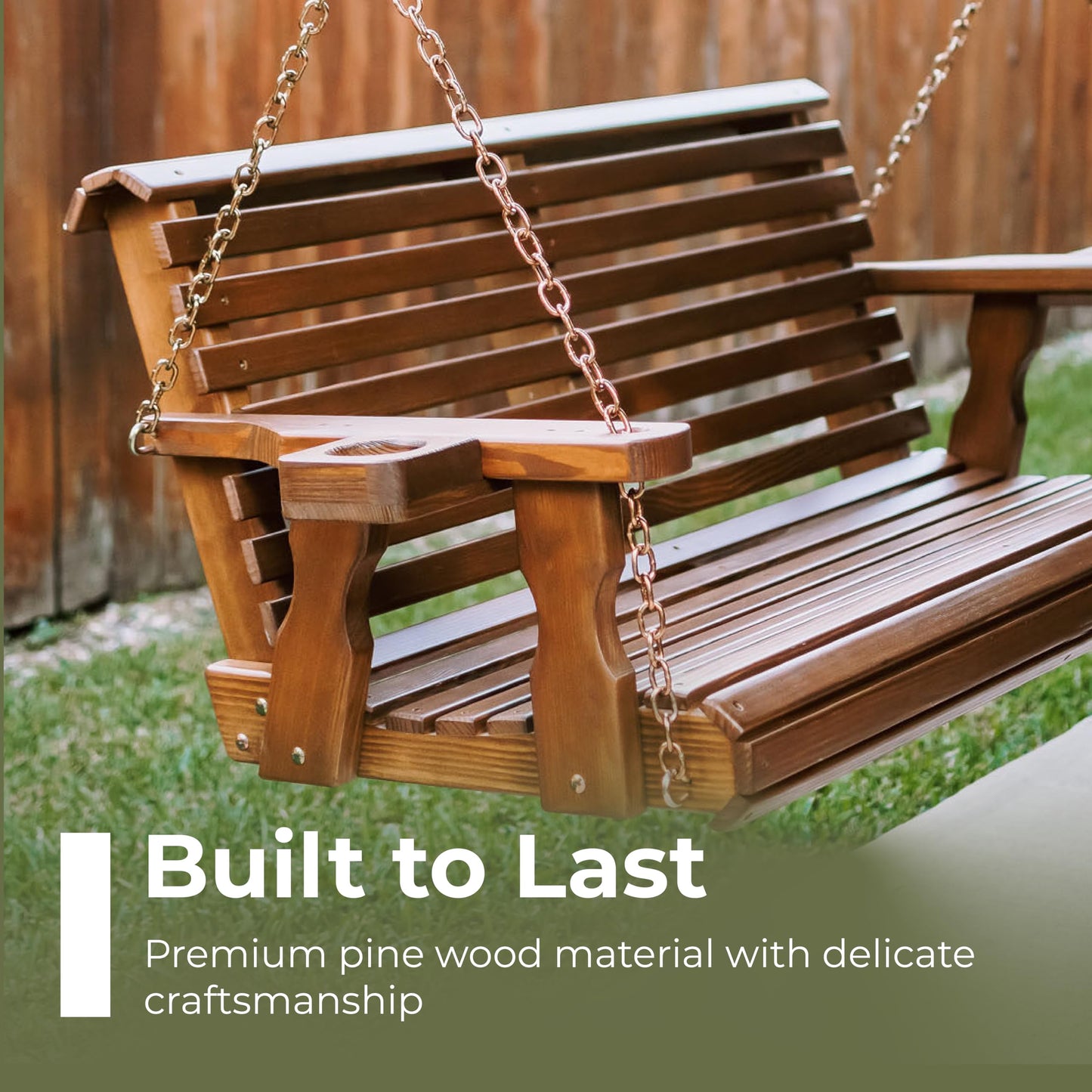 Amish Casual Heavy Duty 700 Lb Capacity Porch Swing with Cup Holders (4 Foot, Semi-Solid Grey Stain) – Wooden Outdoor Roll Back Swing with Hanging Chains – Amish Made in the USA