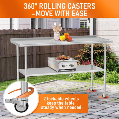 HOCCOT Stainless Steel Prep Table 30" X 60" with Adjustable Undershelf, Backsplash and Wheels, Commercial Metal Workstations for Kitchen, Garage, Home and Hotel