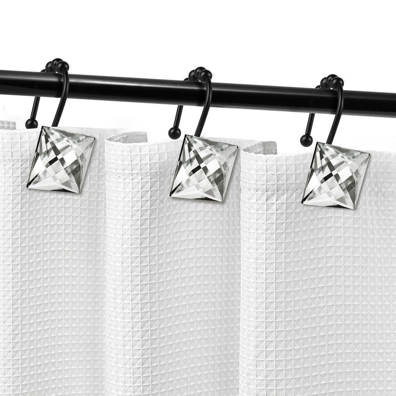 Sunlit Luxury Design Square Clear Diamond Crystal Gem Bling with Glide Balls Shower Curtain Hooks, Rust Proof Metal Rhinestones Glam Shower Curtain Rings with Black Hooks, Set of 12