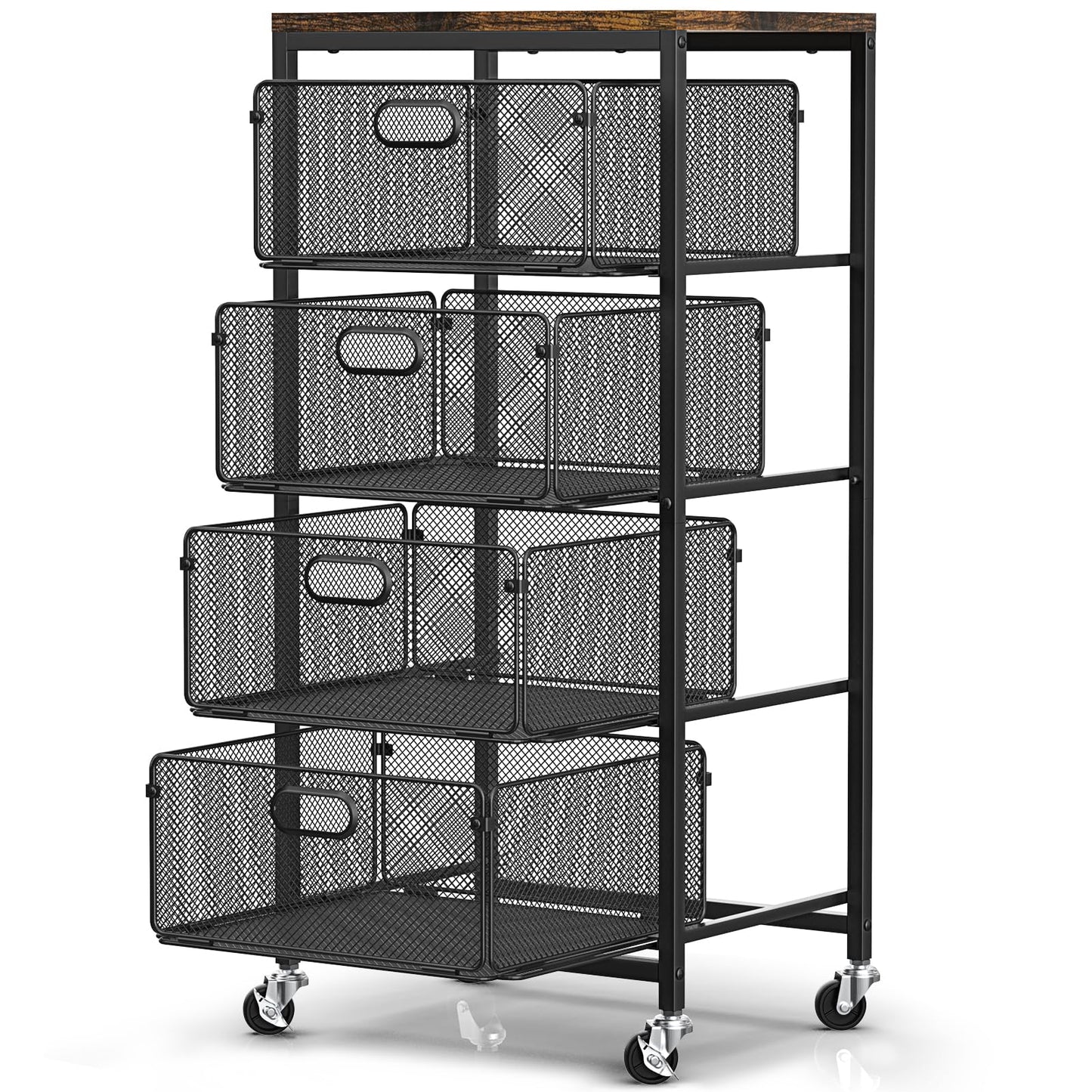 SUNALLY Rolling Kitchen Cart with Drawers, 4-Tier Utility Cart Fruit Vegetable Storage Cart with Lockable Wheels, Wooden Top Metal Kitchen Storage Organizer for Cans, Snacks, Beauty, Craft, Art, Black