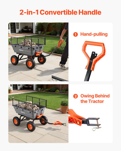 VEVOR 10 Cu.Ft 1200LBS Poly Garden Cart Dump Wagon, Heavy Duty Wheelbarrow with Convertible Handle and 13" Flat Free Tires, Outdoor Yard Wagon ATV Trailer Dump Cart Tow Behind for Lawn Mower Tractor