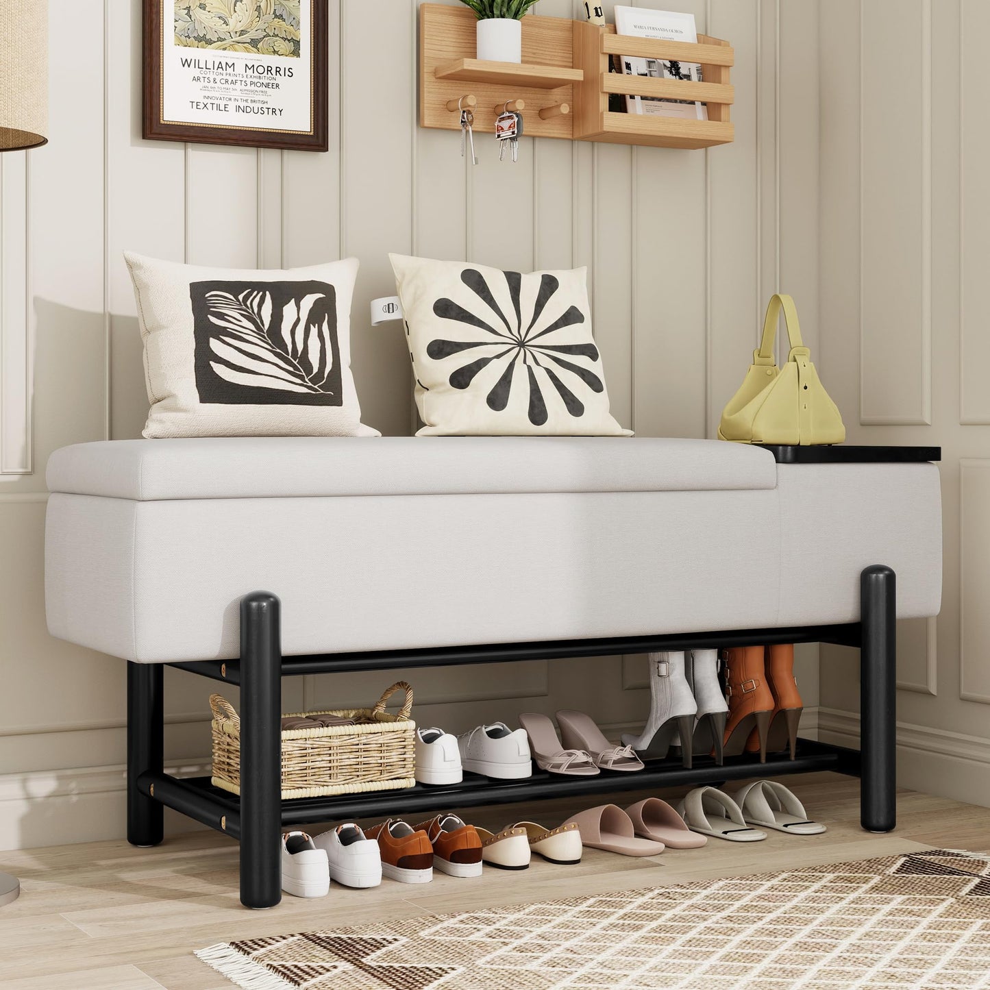 Merax Entryway Shoe Bench with Flip-Top Storage Compartment and Padded Seat Cushion, Modern Storage Bench with 2-Tier Shoe Rack Organizer for Entryway, Hallways, Front Door Entrance, Foyer, Black