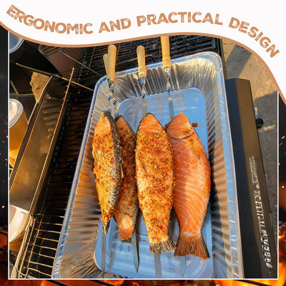 Sawysine 16 Pcs 23.6" Stainless Steel Flat Skewers Bulk with Wooden Handle Large Heavy Duty Reusable Kabob Stick BBQ Barbecue Skewer for Grilling Meat Vegetables Outdoor Indoor Cooking