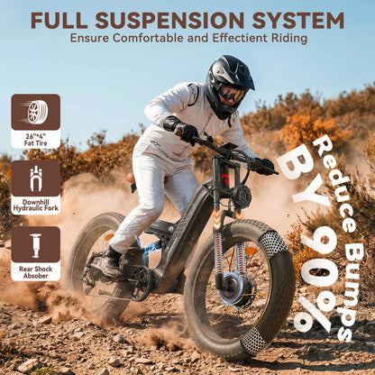 FREESKY 4000W Dual Motor Electric Bike for Adults, 48V 30AH Battery 120Miles Range, 40+MPH AWD Fast E-Bike, 26" Fat Tire Full Suspension Off-Road Mountain E Bike, Black, with Cycling Kits