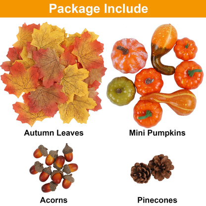 winemana Fall Decorations for Home-6pcs Mini Pumpkins & 2pcs Gourds, 30pcs Leaves & 10pcs Acorns, 2pcs Pinecones Centerpiece Set-Harvest Decor for Table Mantel (Largest: 4.5" x 2.1")