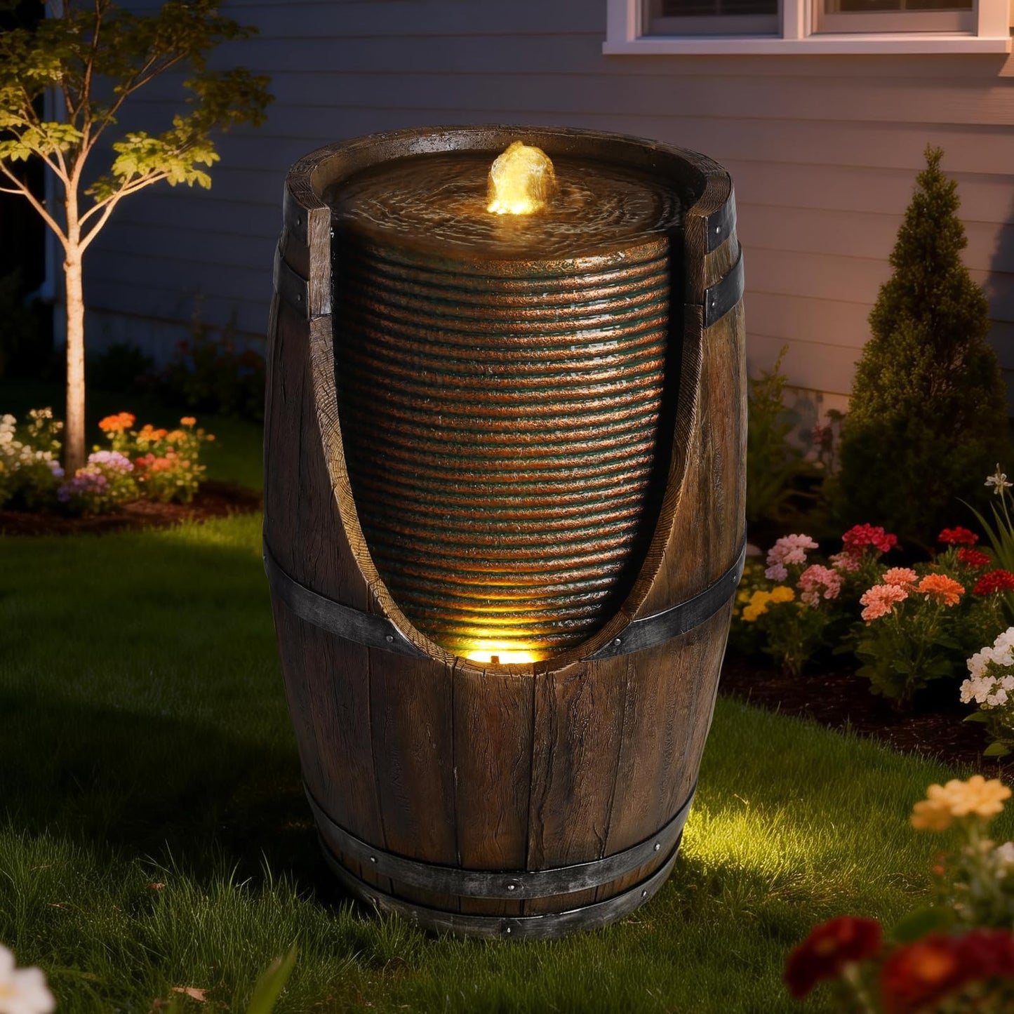 mdj pottery 24.8" Tall Outdoor Water Fountain, Rustic Barrel Style Cascading Resin Waterfall with Warm LED Lights, Weather-Resistant Patio Fountain for Patio Yard Porch - Brown Gray