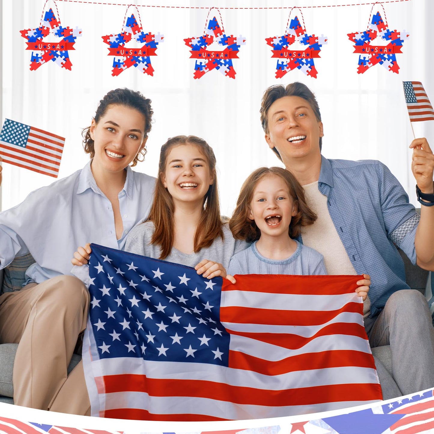 Soulchen 16 Sets DIY 4th of July Wreath Craft Kit Patriotic Red Blue White Hanging Craft Kits 640 Pcs Foam Puzzle 16 Star Paper Wreath and 1 Roll Rope for Home Classroom 250th Anniversary Memorial