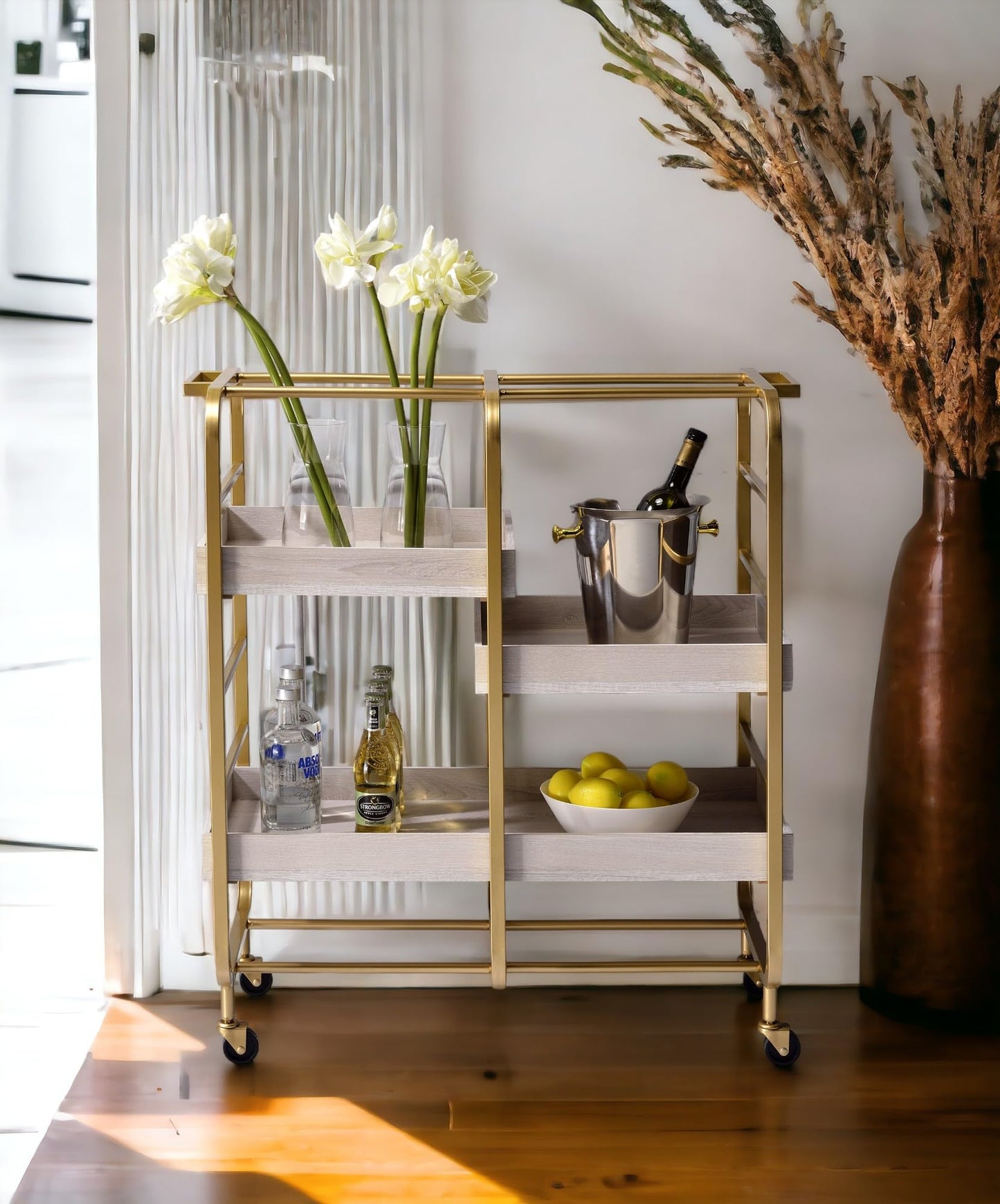 Gold & White Washed Finish Serving Cart