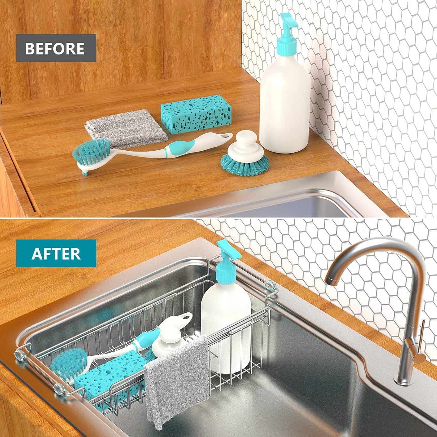 14.5" 22", Over The Kitchen Sink Caddy Sponge Holder Organizer Drying Rack Expandable for Sponge Brush Soap Dish Cloth