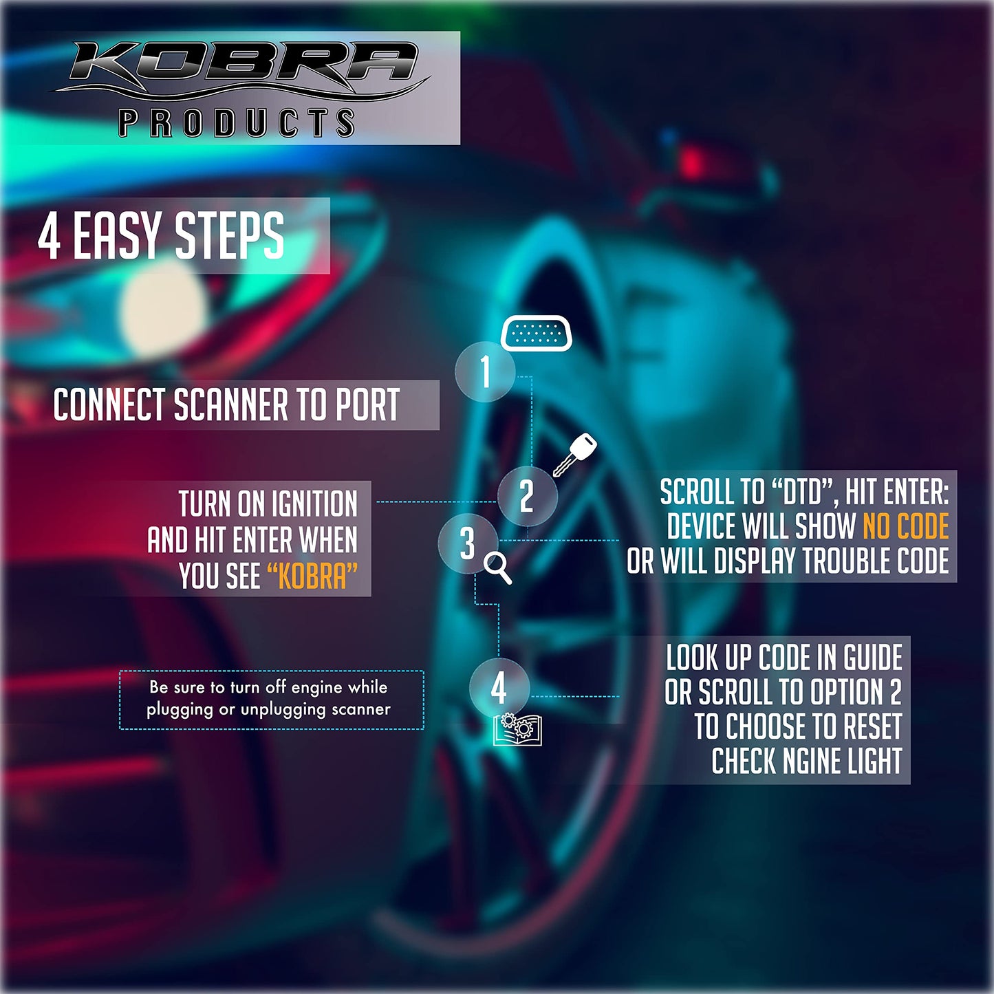 Kobra OBD2 Scanner Car Code Reader - Universal Auto OBD Car Diagnostic Tools for All Cars, Automotive Check Engine Readers with Reset (Red and Black)