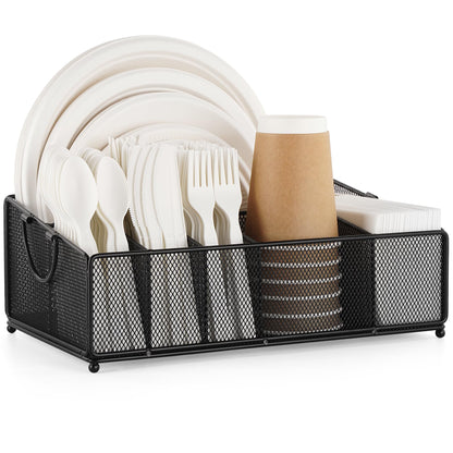 Cairondin Large Paper Plate and Silverware Caddy for Countertop Party Picnic Camping, Plastic Cutlery Holder Organizer for Disposable Plate Cup Flatware Utensil Napkin, Black