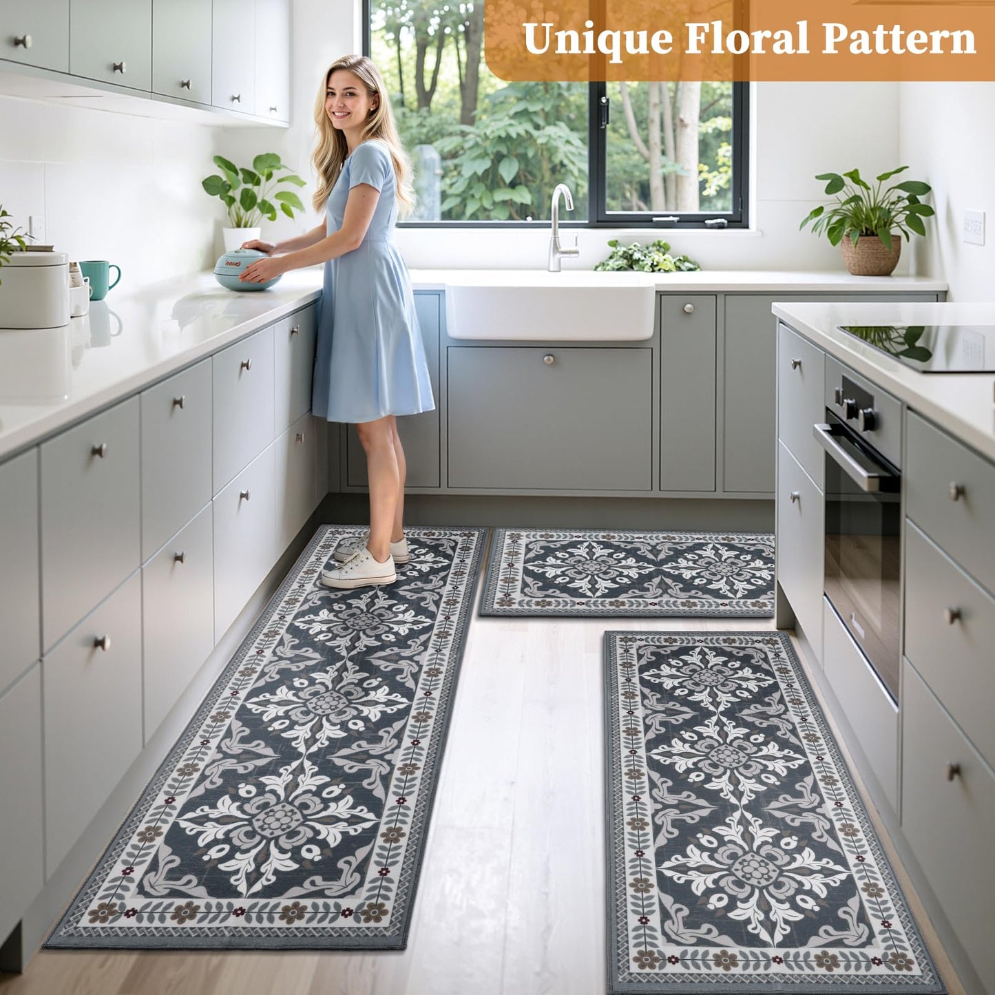 DailyCuddles 3-Piece Kitchen Rugs, Non-Slip & Washable Floor Mats, Water-Absorbent Area Pad, Standing Desk Mat for Office, Home, Doorway, Laundry, Kitchen Accessories (Grey)