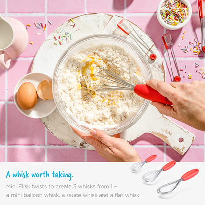 Dreamfarm Mini Flisk 3-in-1 Fold-Flat, Space-Saving Baking & Cooking Balloon Whisk, Sauce Whisk & Flat Deglazing Whisk, Stainless Steel - 9" Red