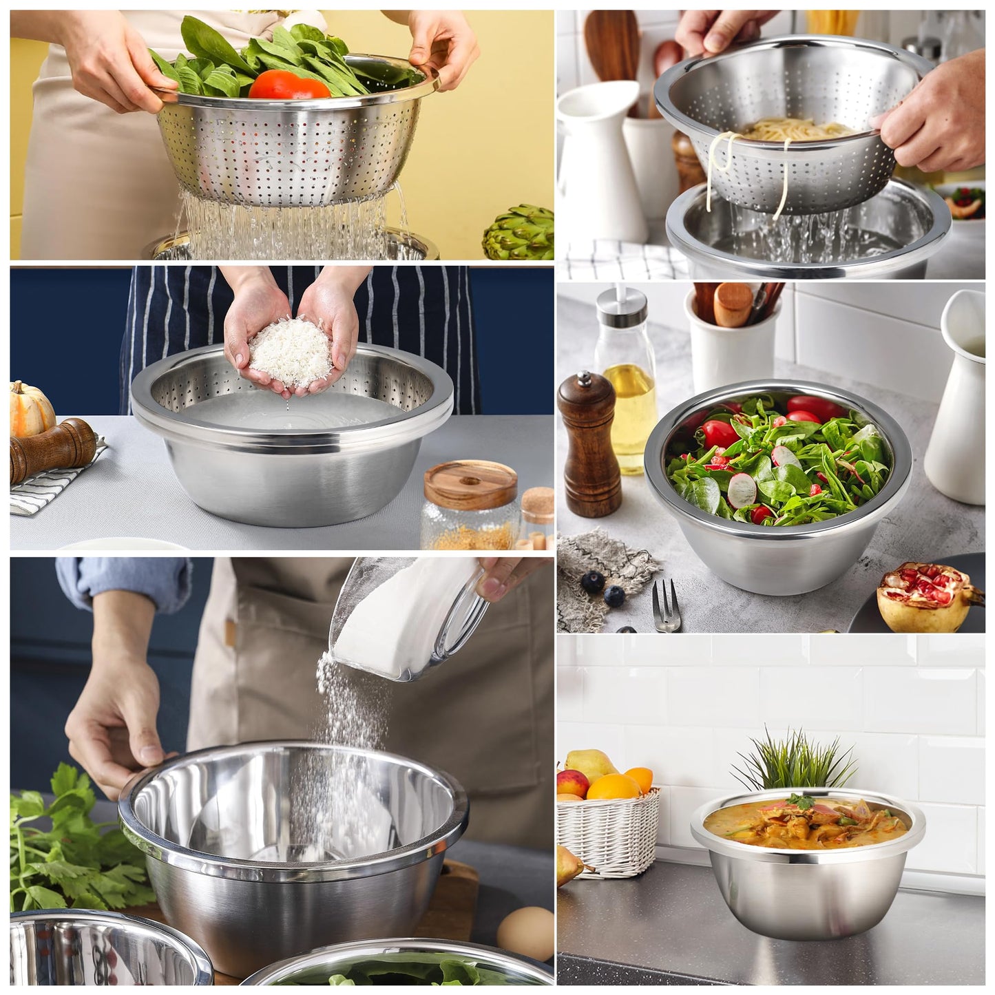 Colander 304 Stainless Steel 3-quart with Mixing Bowls, Strainer for Kitchen Food For washing vegetables, fruit, rice, Dishwasher Safe. (2PC)