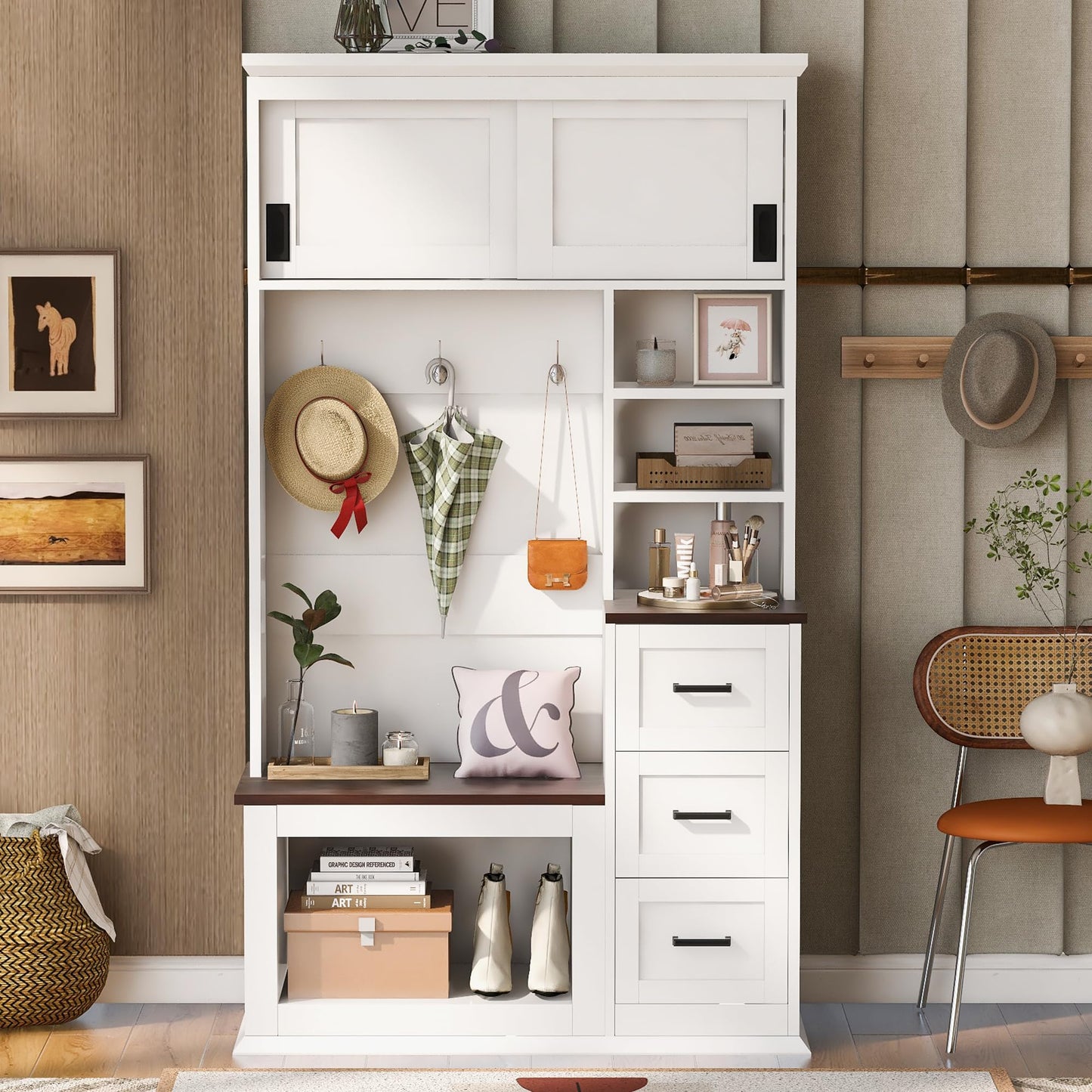 Virubi Modern Entryway Shoe Bench with Coat Rack & Storage – 40.2" Wide Hall Tree with 3 Hooks, 3 Drawers, Shelves & Seating for Hallway, Living Room – Sturdy White/Wood Finish, Easy Assembly