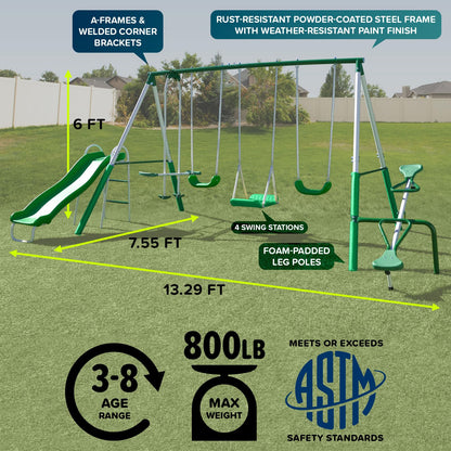Sportspower Park Ridge Metal Swing Set for Ages 3-8, 2 Swings, Standing Swing, Roman Glider, Teeter Totter, 5ft Slide, 6.1ft Durable Steel Frame, Anchor Kit, 800lbs