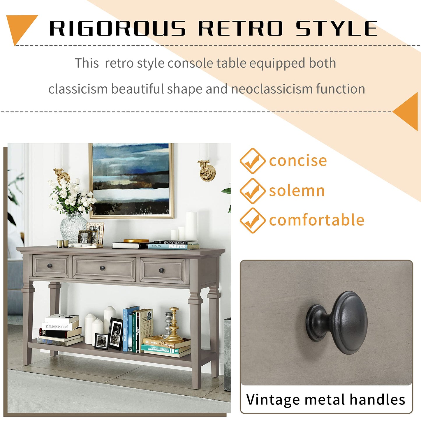 Merax Classic Long Narrow Console Table for Entryway Hallway Sideboard with Storage Drawers and Bottom Shelf Gray Wash