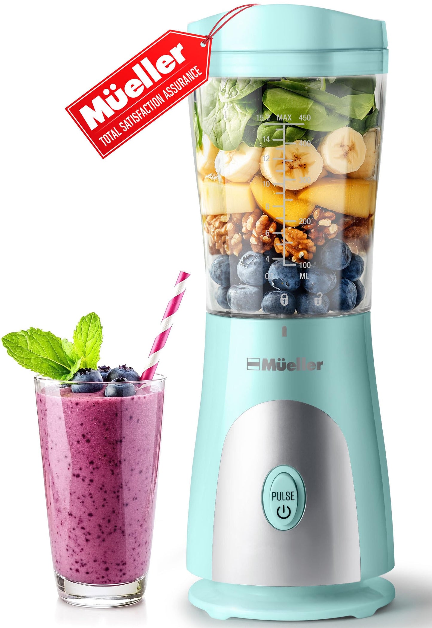 Mueller Smoothie Blender for Smoothies - Personal Blender for Shakes, Frozen Drinks, Baby Food & More, 15oz Travel Cup and Lid, Durable Stainless Steel Blades for Powerful Blending Performance, Black