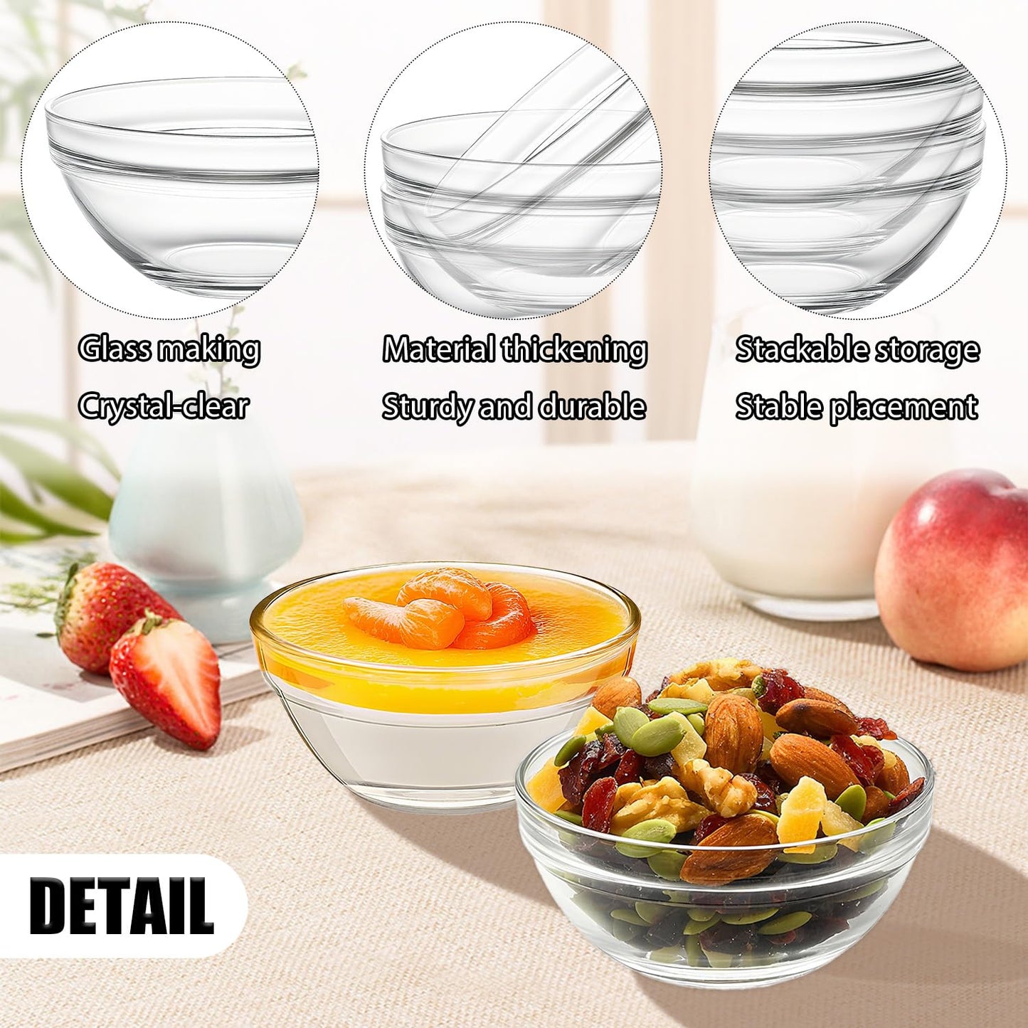 Wuqoioo Small Glass Bowls, 12 Pcs Glass Mixing Bowls Stackable Ingredient Dish For Spices Dipping Sauces Ice Cream Toppings Dessert Snack Candy Nuts (4.92 Inch,5Oz)