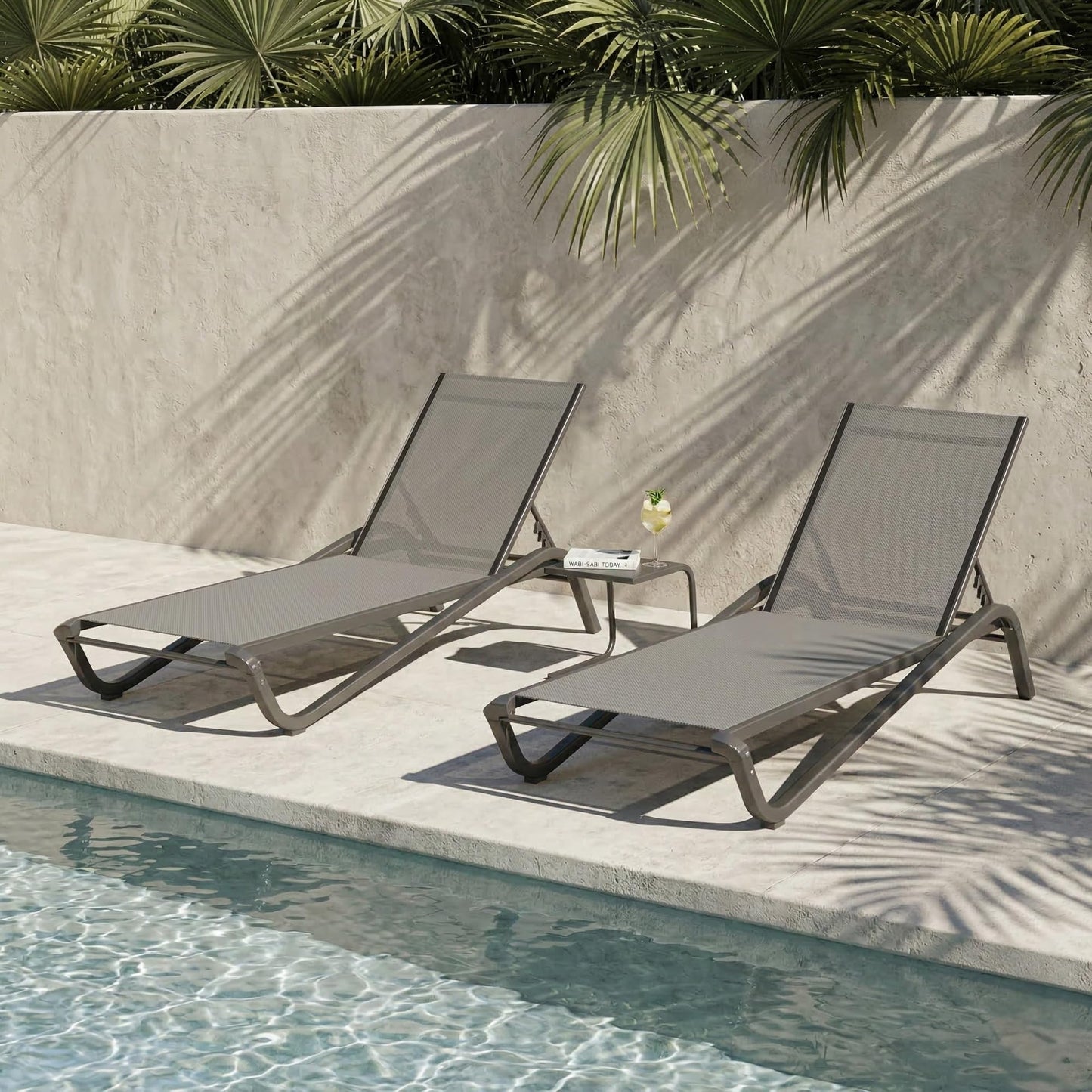 Patio Kingdom 3-Piece Patio Chaise Lounge Set with Side Table, Set of 2 Adjustable Pool Chairs and Aluminum Bistro Table, All-Weather Outdoor Furniture for Pool Deck, Patio & Tanning, Light Grey